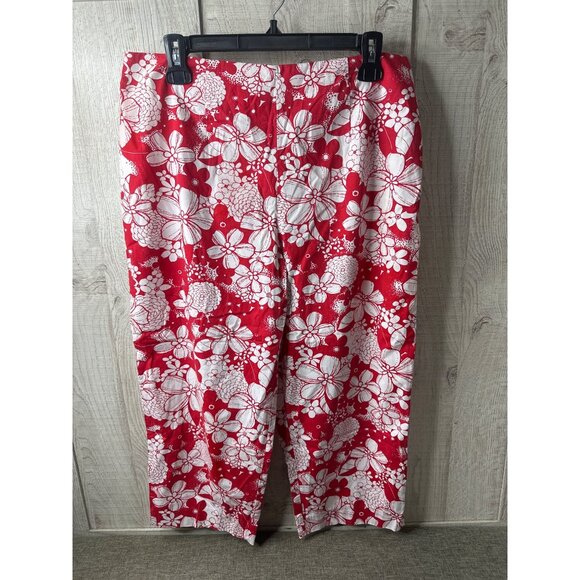 R&K Original Petite Red & White Floral Print Cropped Pants 14P Tropical Summer - Picture 1 of 6